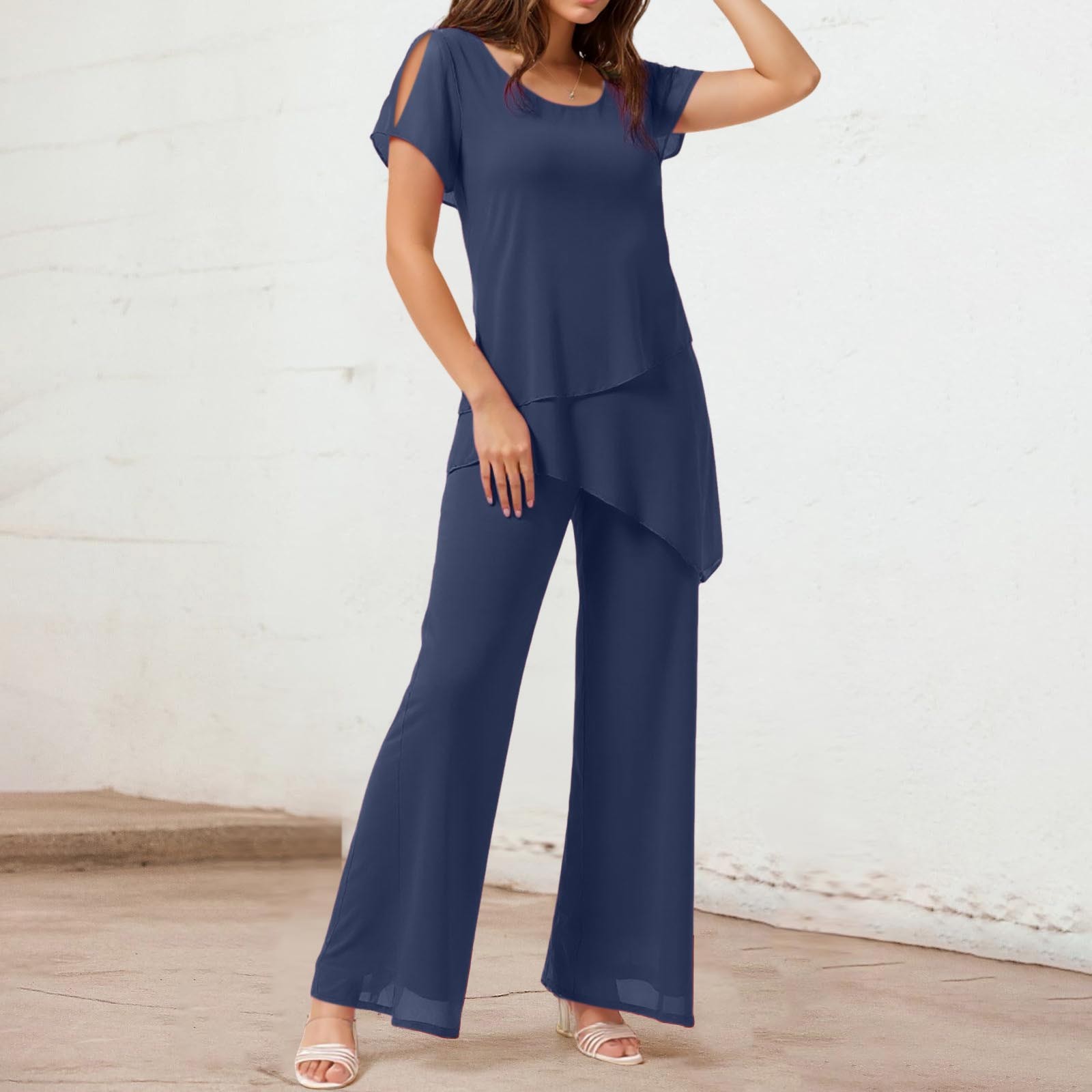 thumbnail image 2 of Traje pantalón de gasa liso de primavera para mujer - Diseño holgado e irregular - Top con botones y pantalones capri - Tallas S-XXXL, 2 of 8